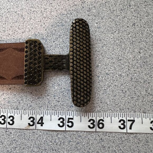 Brown Genuine Leather Hook And Loop Belt Women Medium Embroidered Stitching - Picture 9 of 10